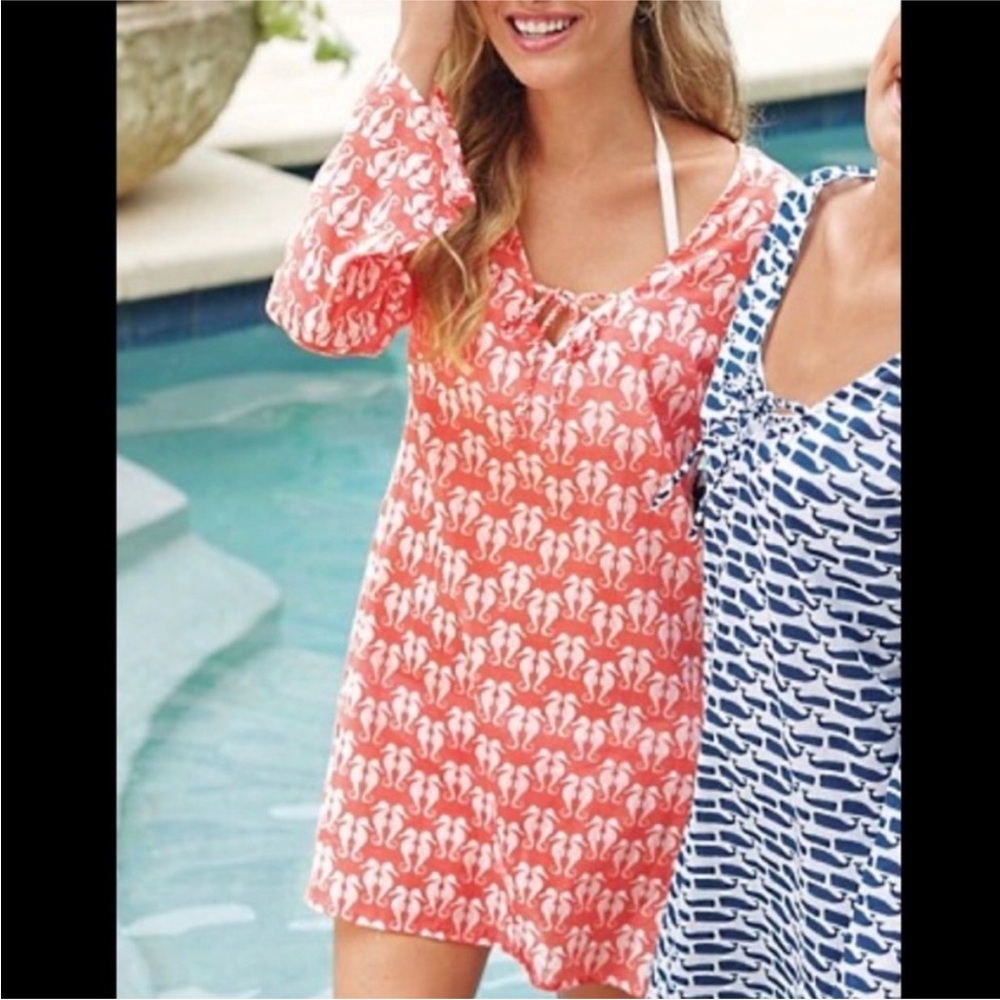 Mud Pie Women’s Seahorse Print Swim Cover-Up Tunic Dress Coral Pink Size S (4-6)